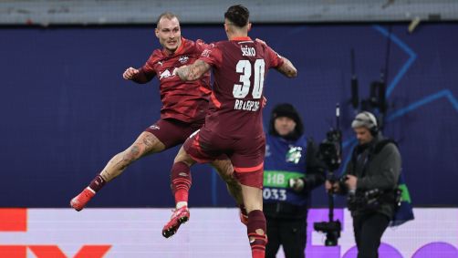 Jogadores do Leipzig comemoram gol contra o Sporting