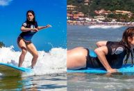 Letícia Spiller exibe fotos surfando: "Continuo gostando da brincadeira"