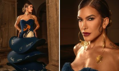 Lore Improta veste look com rosto de Gilberto Gil em evento na Bahia