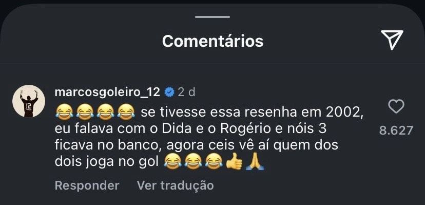 Marcos deixou comentário na publicação de Rivaldo • Reprodução/Instagram