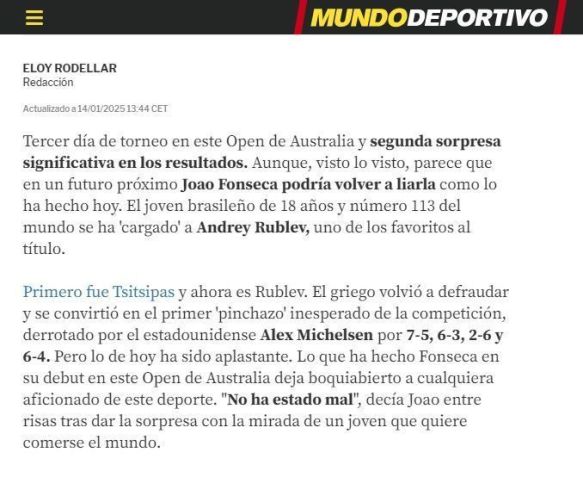 Jornal Mundo Deportivo destacou a grande atuação de João Fonseca • Reprodução