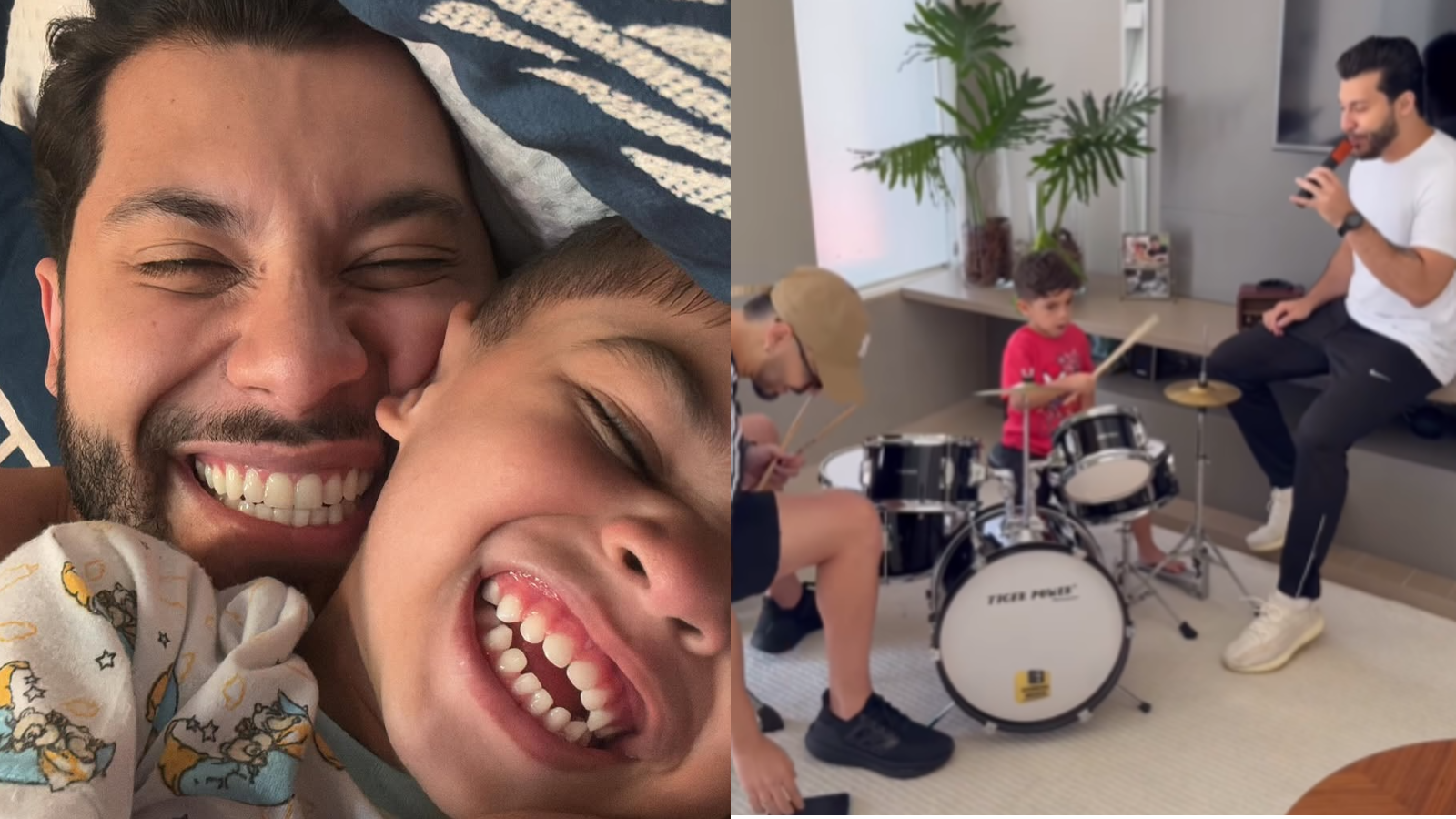 Leo, fruto do relacionamento entre Murilo Huff e Marília Mendonça, tocando bateria enquanto o pai canta um de seus sucessos