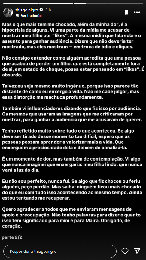 Thiago Nigro se pronuncia sobre vídeo de feto após ser expelido • Instagram/ Thiago Nigro