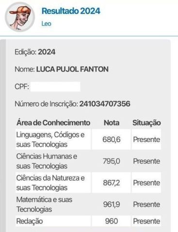 Notas de Luca no Enem 2024 • Arquivo pessoal