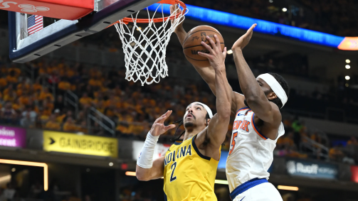 Andrew Nembhard, dos Pacers, em jogo contra os Knicks