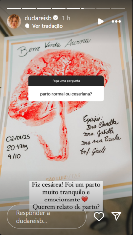Duda Reis deu mais detalhes de seu parto • Instagram/Duda Reis