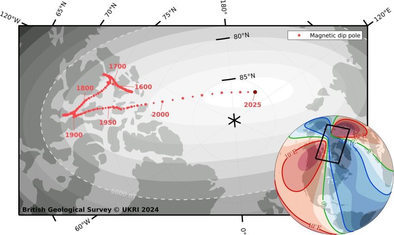 Ilustração mostra as localizações do polo norte magnético de 1590 a 2030 • BGS/UKRI/Wessel, P./W. H. F. Smith via CNN Newsource