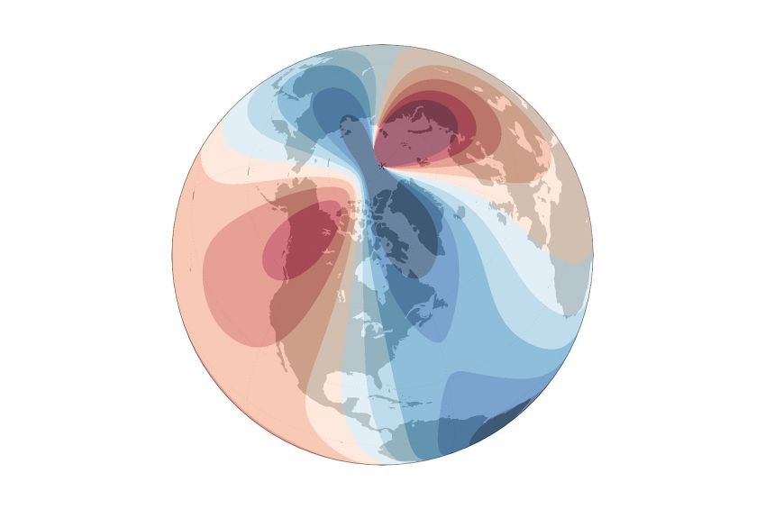 Esta imagem mostra a declinação magnética, ou o ângulo entre o norte magnético e o norte geográfico, de acordo com o Modelo Magnético Mundial lançado em 2025. Vermelho é o norte magnético a leste do norte geográfico; azul é a oeste • BGS/UKRI/Wessel, P./W. H. F. Smith via CNN Newsource