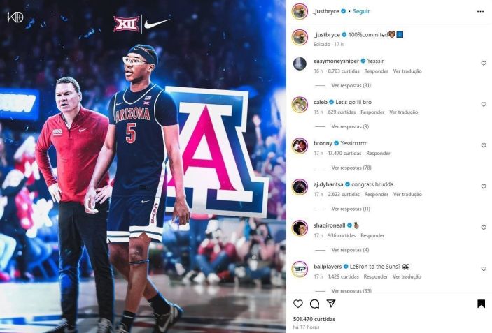 Bryce James anunciou que defenderá a Universidade do Arizona • @_justbryce