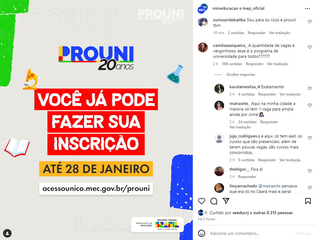 Estudantes criticam número de vagas do ProUni • Instagram/Ministério das Comunicações
