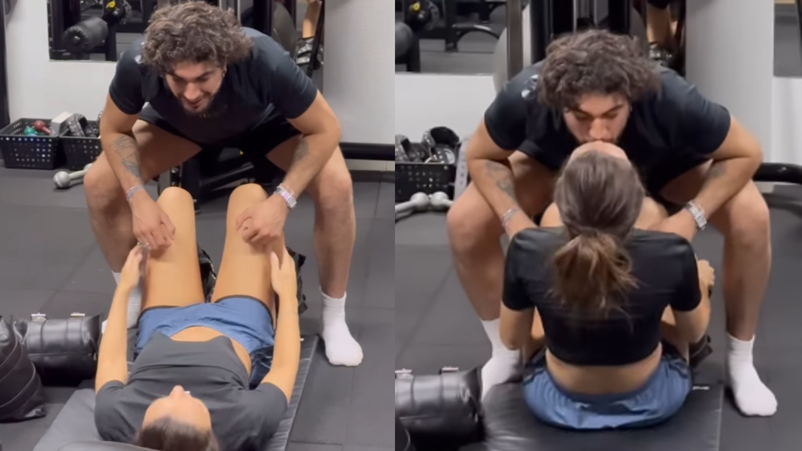 Nas imagens, ela faz um exercício de abdominal e, a cada subida do tronco, dá um beijo no amado