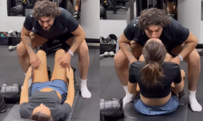 Nas imagens, ela faz um exercício de abdominal e, a cada subida do tronco, dá um beijo no amado
