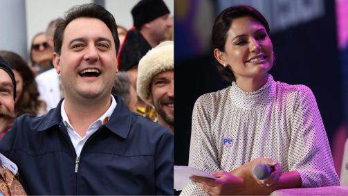 O governador do Paraná, Ratinho Júnior (PSD), e a ex-primeira-dama da República Michelle Bolsonaro