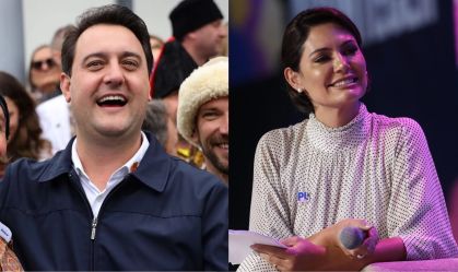 O governador do Paraná, Ratinho Júnior (PSD), e a ex-primeira-dama da República Michelle Bolsonaro