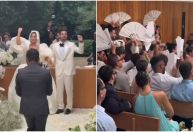 Sabrina Sato entregou leques para convidados baterem durante casamento