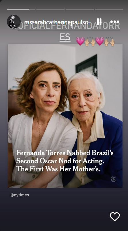 Sarah Paulson celebrou indicação de Fernanda Torres ao Oscar • Instagram/Sarah Paulson