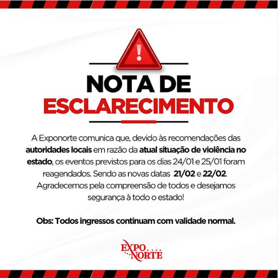 As performances aconteceriam no dia 24, em Vilhena e no dia 25 em Ji-Paraná e Cacoal. • Reprodução