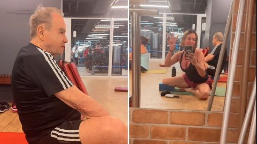 Stênio Garcia e Mari Saade fazem aula de ioga juntos