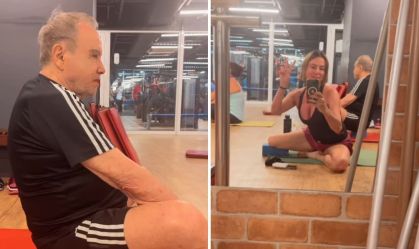 Aos 92 anos, Stênio Garcia faz aula de ioga com a esposa