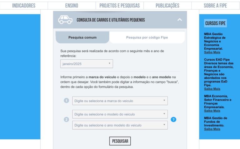 Veículos podem ter o preço consultado por meio da Tabela Fipe • Fipe/Reprodução