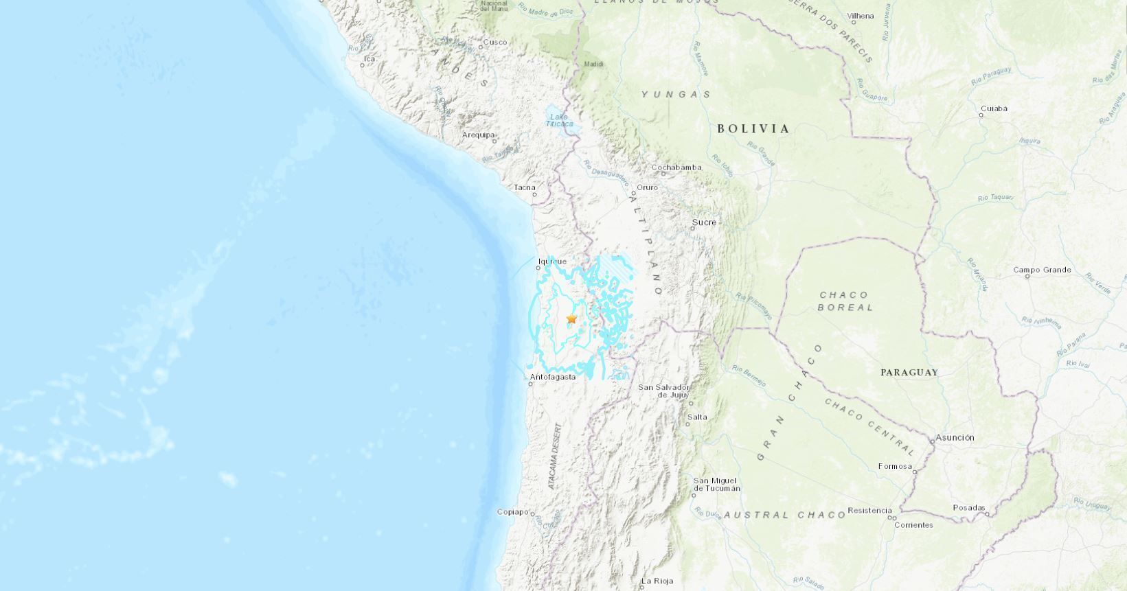 Mapa mostra região de Antofagasta atingida por terremoto no Chile.