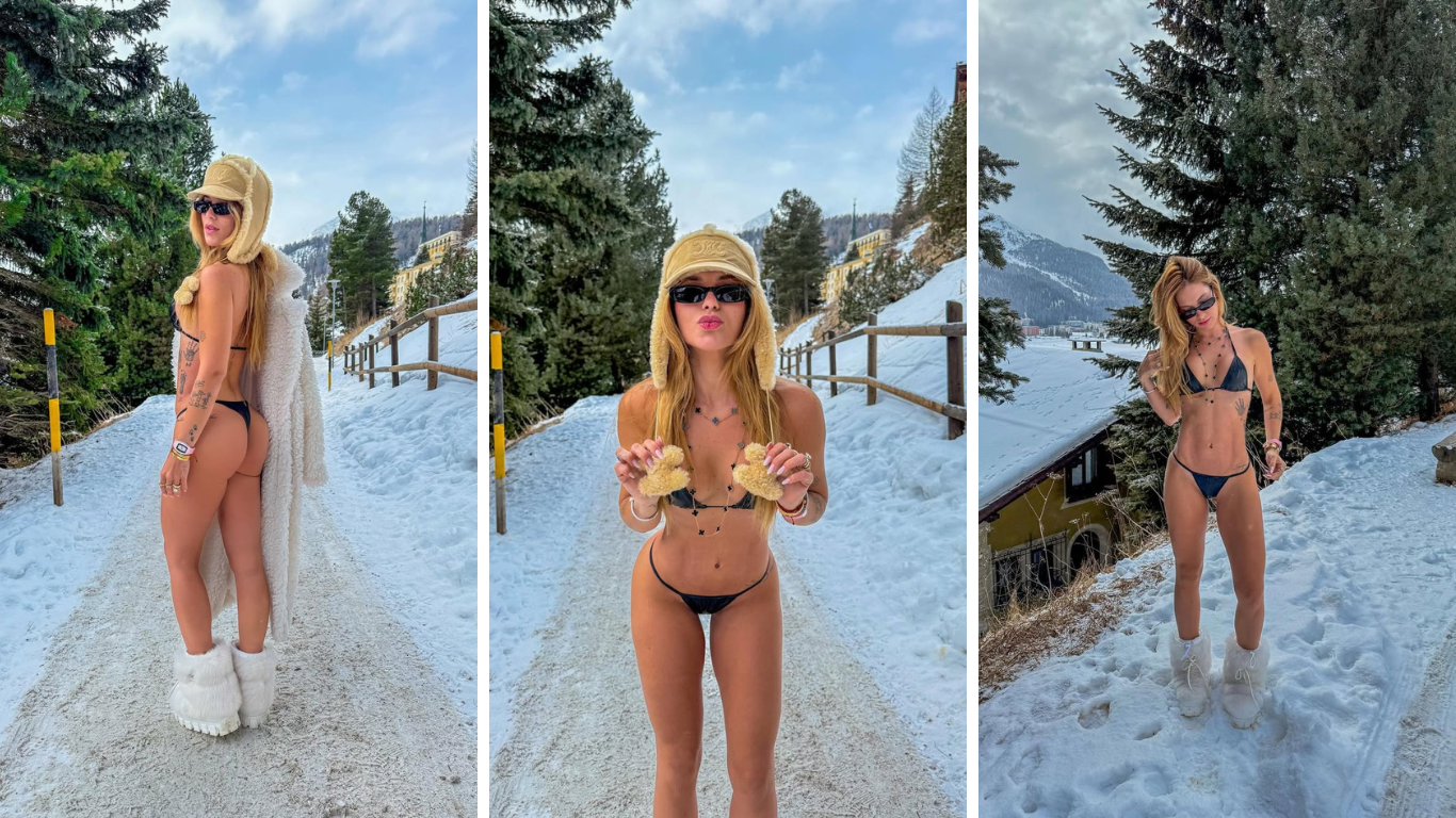 Virginia compartilhou um carrossel de fotos usando biquíni e um chapéu na neve • Instagram/Virginia