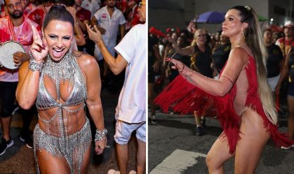Viviane Araújo e Flávia Alessandra no ensaio de rua do Salgueiro