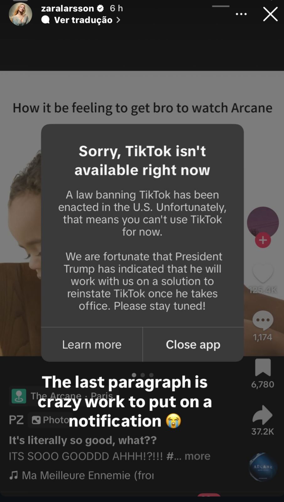 Zara Larsson compartilhou aviso que apareceu em seu TikTok após o aplicativo ficar indisponível nos Estados Unidos • Instagram/Zara Larsson