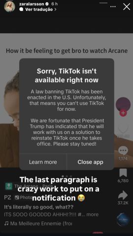 Zara Larsson compartilhou aviso que apareceu em seu TikTok após o aplicativo ficar indisponível nos Estados Unidos • Instagram/Zara Larsson
