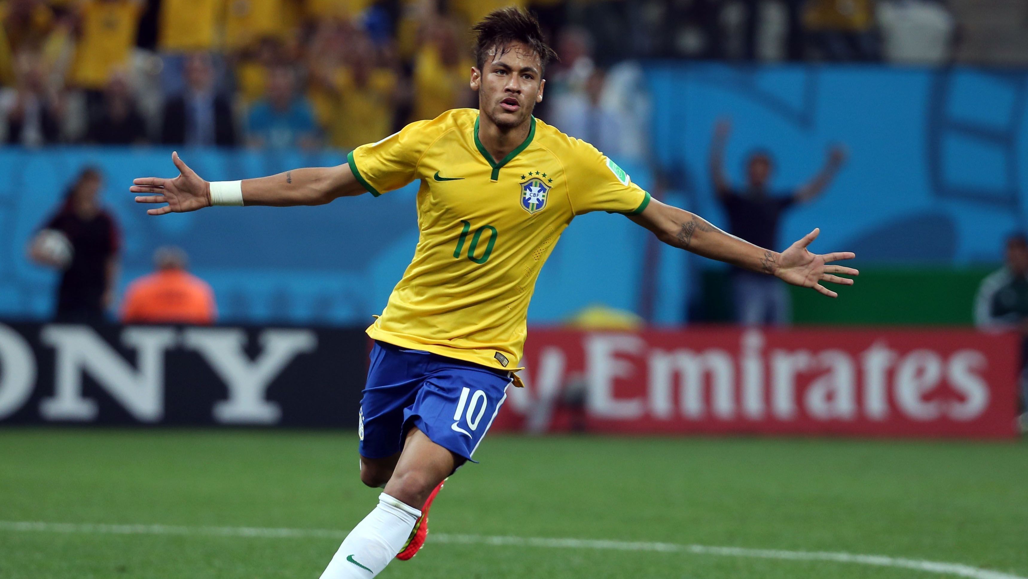 Neymar comemorando gol contra a Croácia, na abertura da Copa do Mundo de 2014