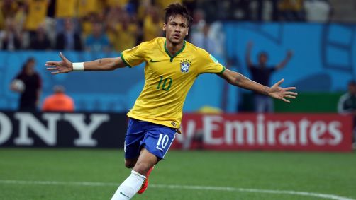 Neymar comemorando gol contra a Croácia, na abertura da Copa do Mundo de 2014