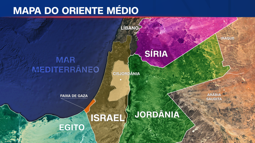 Mapa mostra a região de Israel e Faixa de Gaza no Oriente Médio.