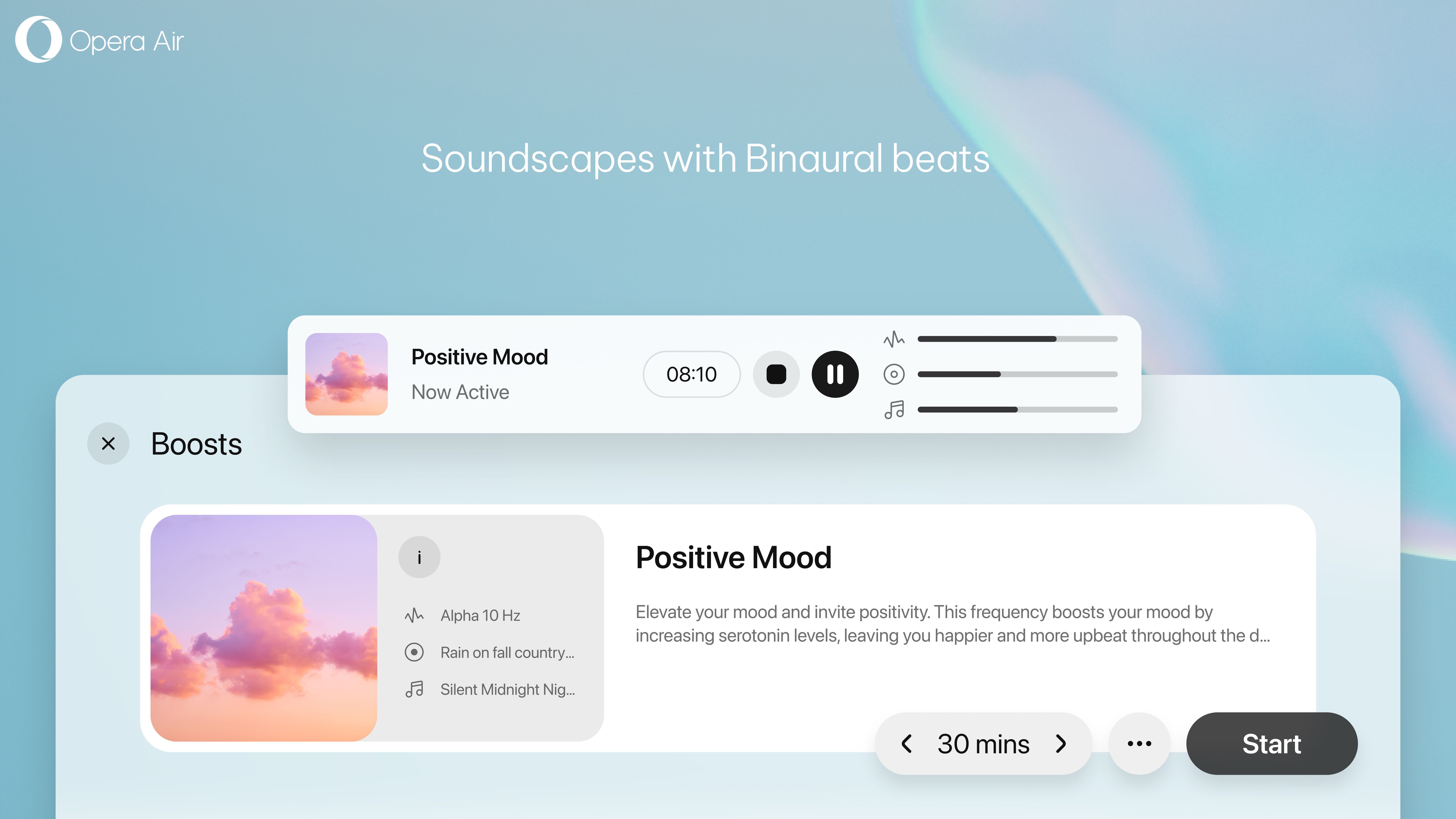 A funcionalidade "Boosts" utiliza batidas binaurais para influenciar a atividade das ondas cerebrais, o que promove relaxamento, foco ou um estado meditativo • Opera/Divulgação