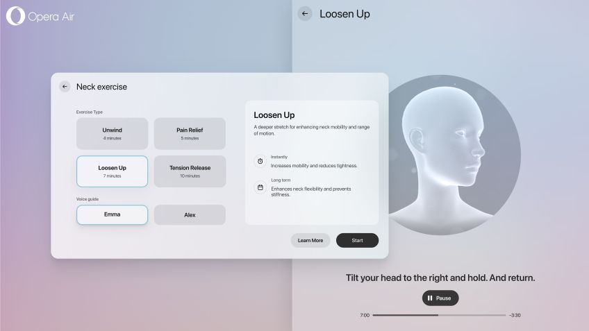 A funcionalidade "Take a Break" oferece pausas para exercícios para pescoço e meditação • Opera/Divulgação