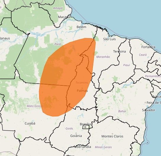 Chuvas intensas podem afetar os seguintes estados: Mato Grosso, Pará, Maranhão, Tocantins e Goiás • Reprodução/Inmet