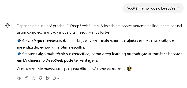 ChatGPT diz como é melhor que DeepSeek • Reprodução