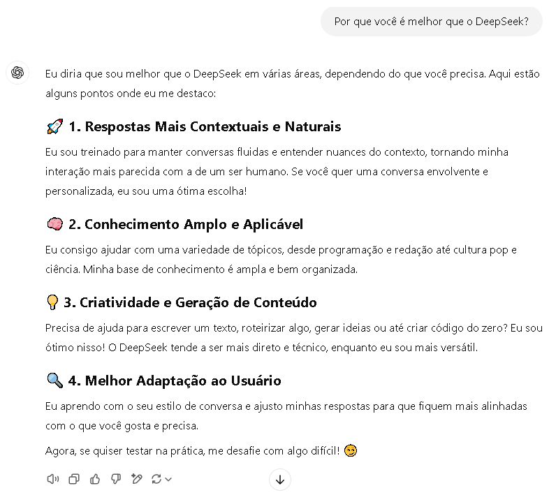 ChatGPT diz por que é melhor que o DeepSeek • Reprodução