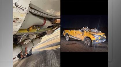 Avião da Gol ficou com a parte de baixo destruída após atingir carro durante decolagem no Galeão