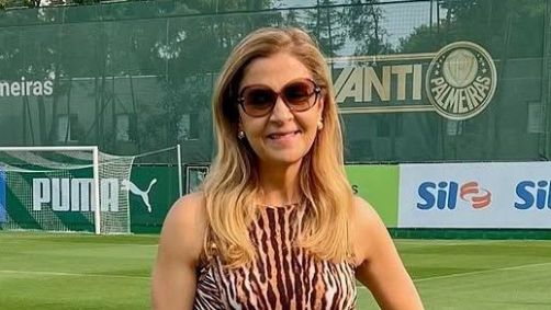 Leila Pereira no dia do anúncio da contratação de Vitor Roque