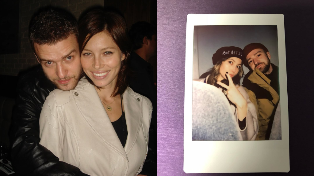 Montagem com fotos de Jessica Biel e Justin Timberlake