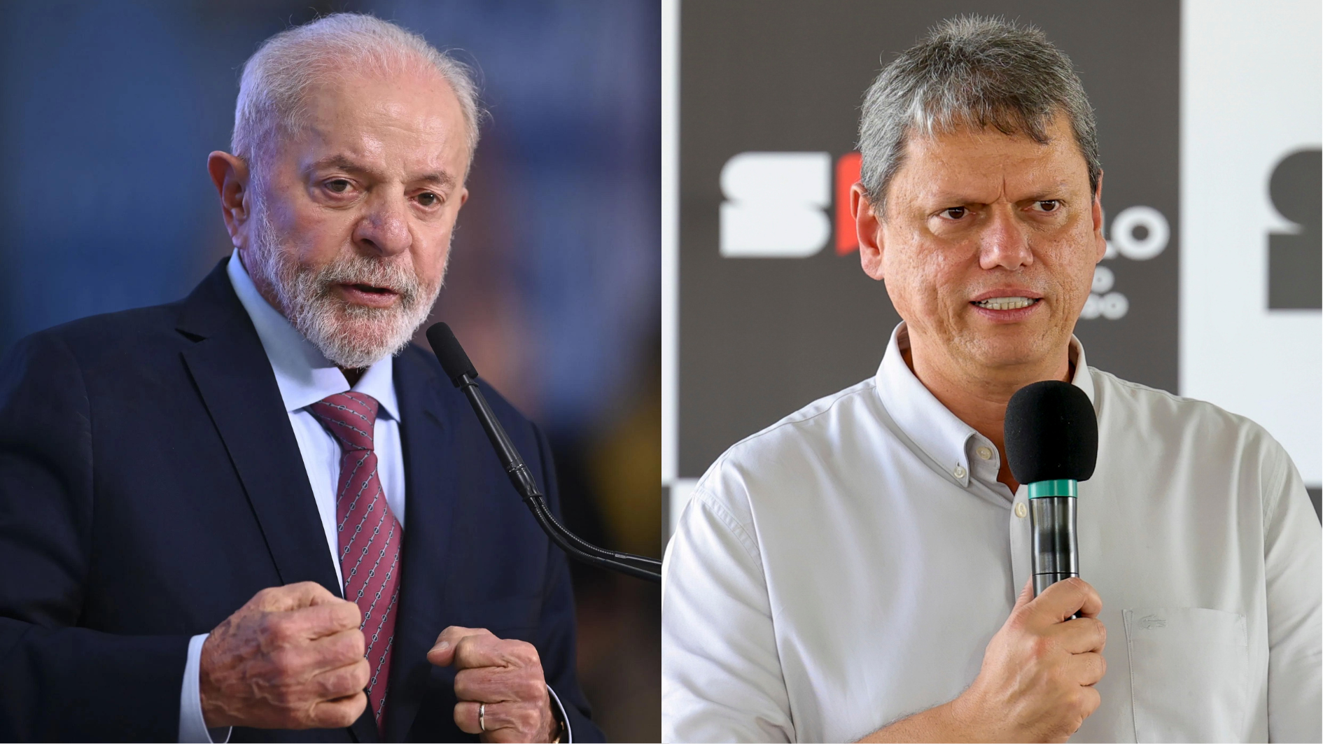 O presidente Luiz Inácio Lula da Silva (à esquerda) e o governador Tarcísio de Freitas (à direita)