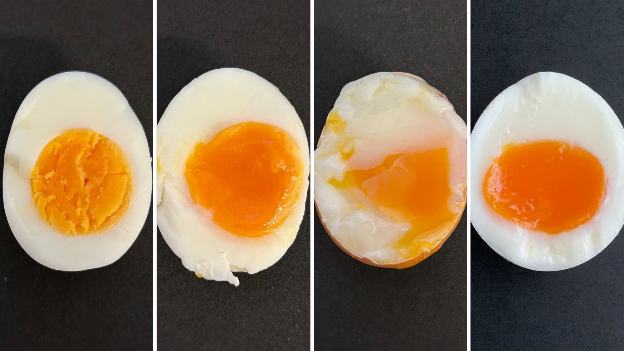 Diferentes técnicas de cozimento de ovos (da esquerda para a direita): cozido duro, cozido mole, sous vide, periódico • Ernesto DiMaio
