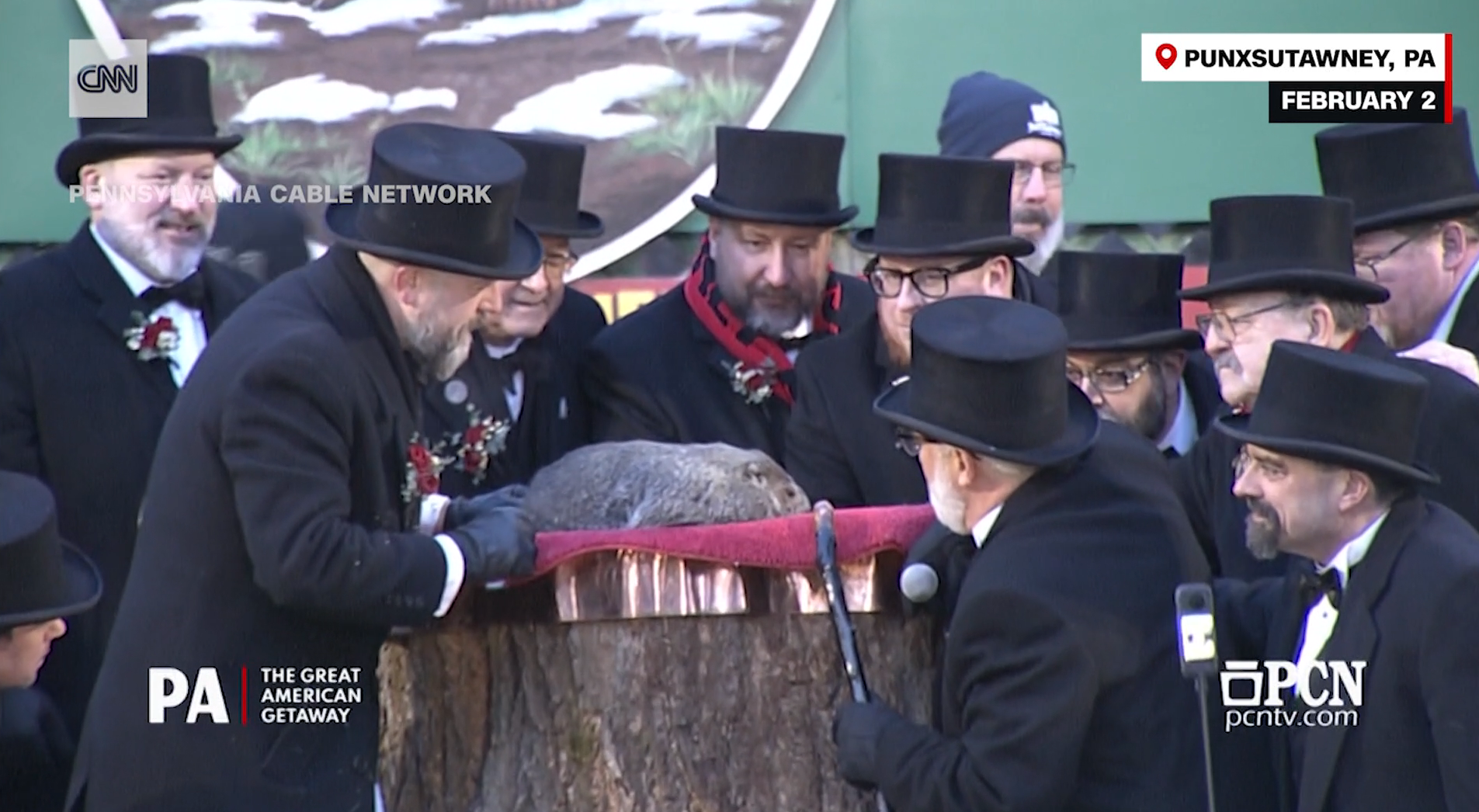 Marmota Phil prevendo o final do inverno nos EUA, no dia da Marmota, 2 de fevereiro de 2025