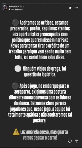 Presidente da Gaviões da Fiel, Alexandre Domênico, se pronuncia após cobrança ao elenco corintiano • Reprodução/Instagram