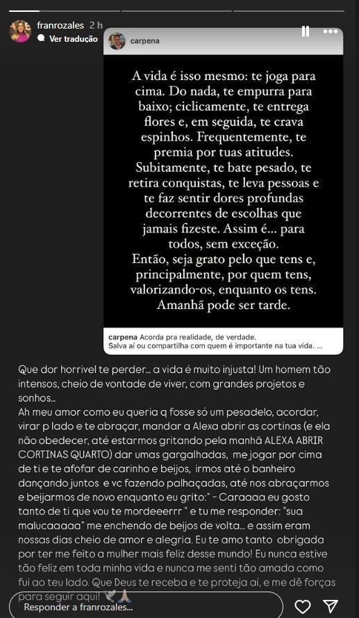 Companheira de advogado morto na queda fez post em seu Instagram • Reprodução/Redes Sociais
