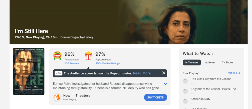 Pontuação de "Ainda Estou Aqui" no site Rotten Tomatoes • Reprodução