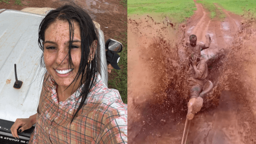 Aproveitando o barro formado pela chuva, os participantes do passatempo ficaram completamente cobertos de terra