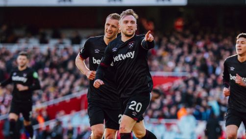 Bowen comemorando o gol da vitória do West Ham sobre o Arsenal pela Premier League
