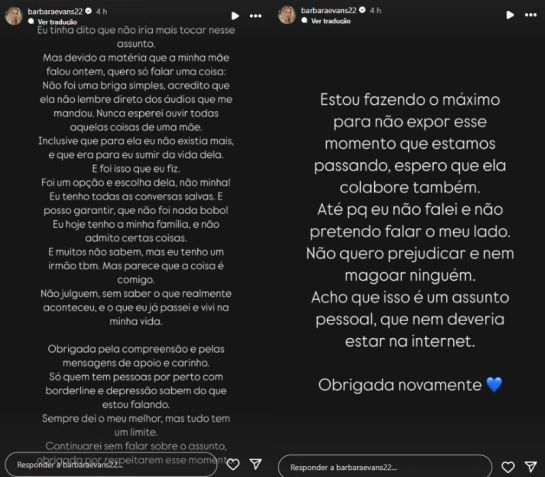 Bárbara Evans pediu a colaboração da mãe para a diminuição da exposição da família • Instagram/Bárbara Evans
