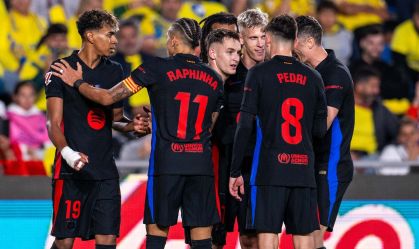 Jogadores do Barcelona celebram a vitória sobre o Las Palmas pela LaLiga
